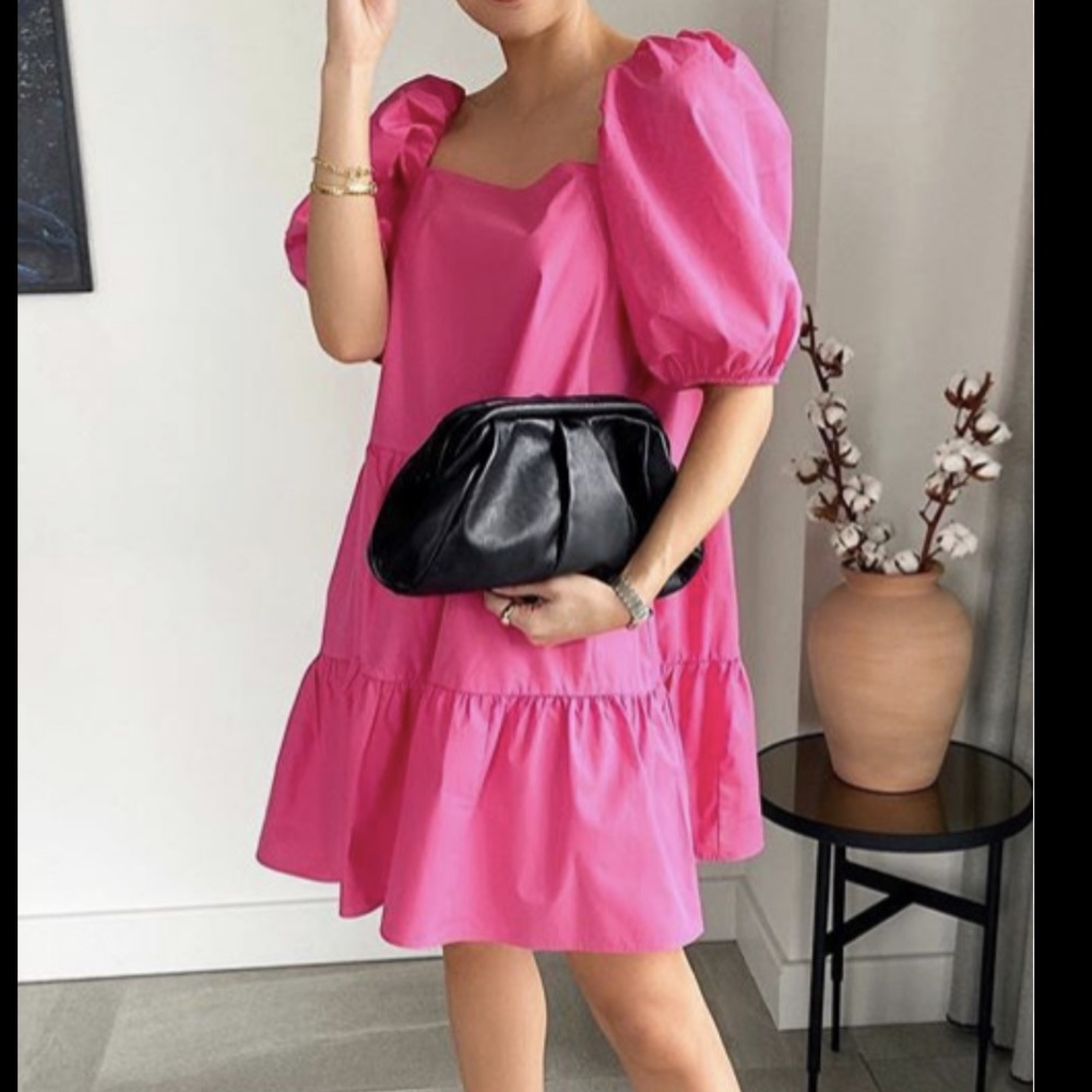 H&M Pink Puff-Sleeve Tiered Mini Dress